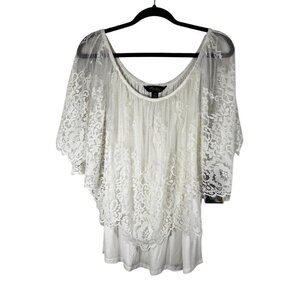 Retro Floral Lace Poncho Top White L Boho Indie Chic Folk Western Preppy Artsy